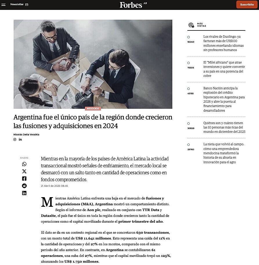 Argentina fue el �nico pa�s de la regi�n donde crecieron las fusiones y adquisiciones en 2024